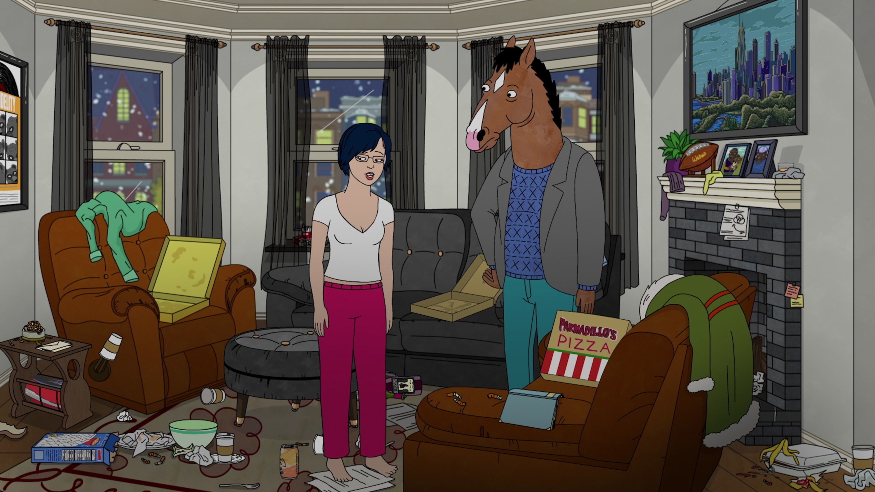 cartoon horse and woman in a dirty living room