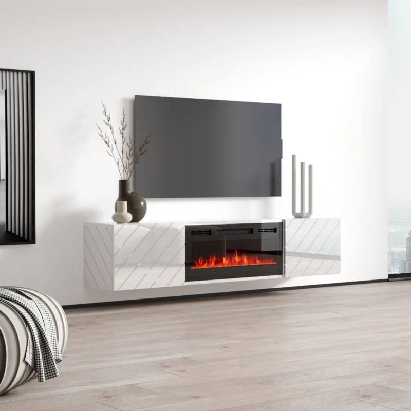 An image of the white floating TV module with a roaring fire