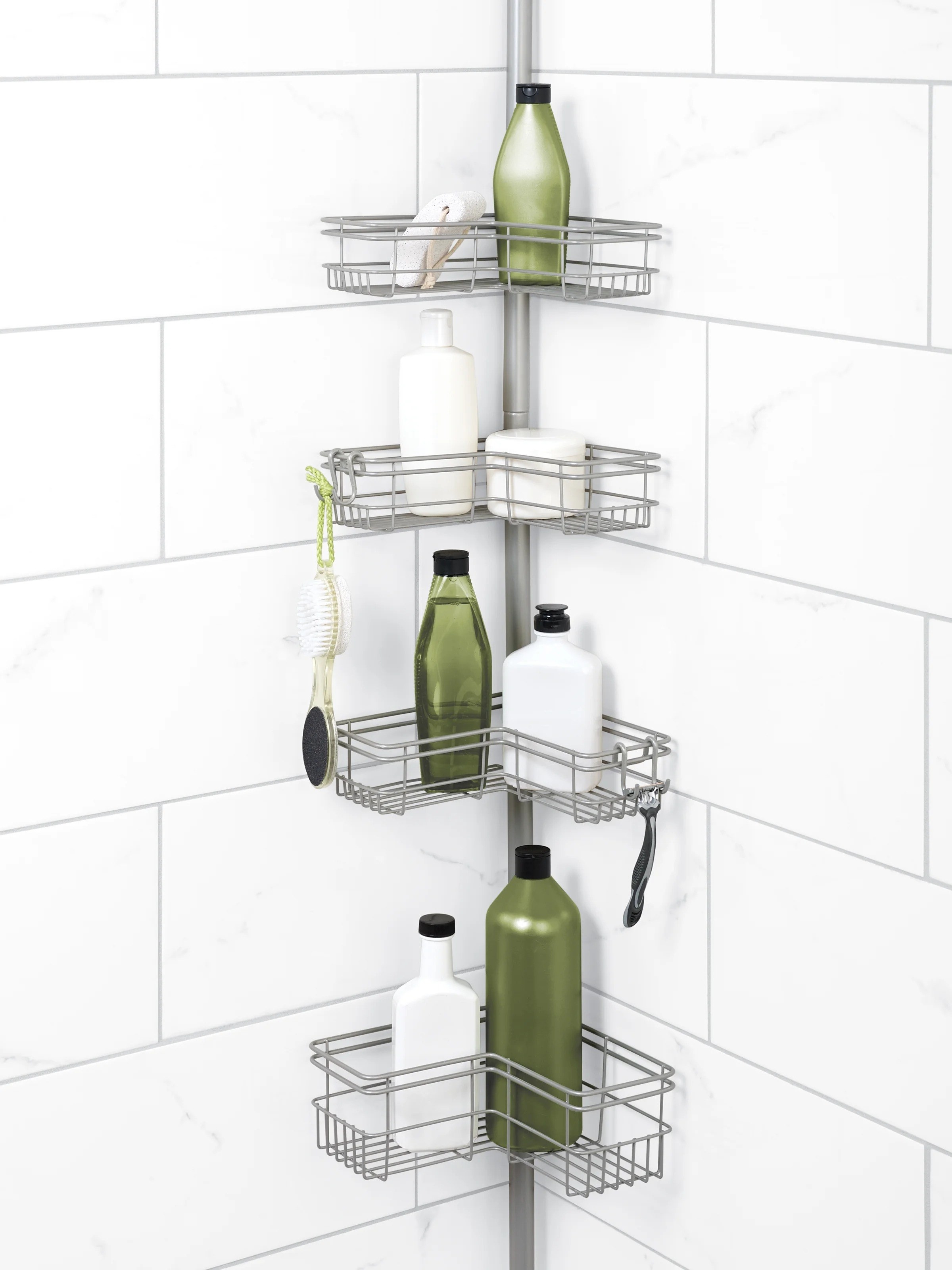 The caddy in the corner of a shower with four shelves