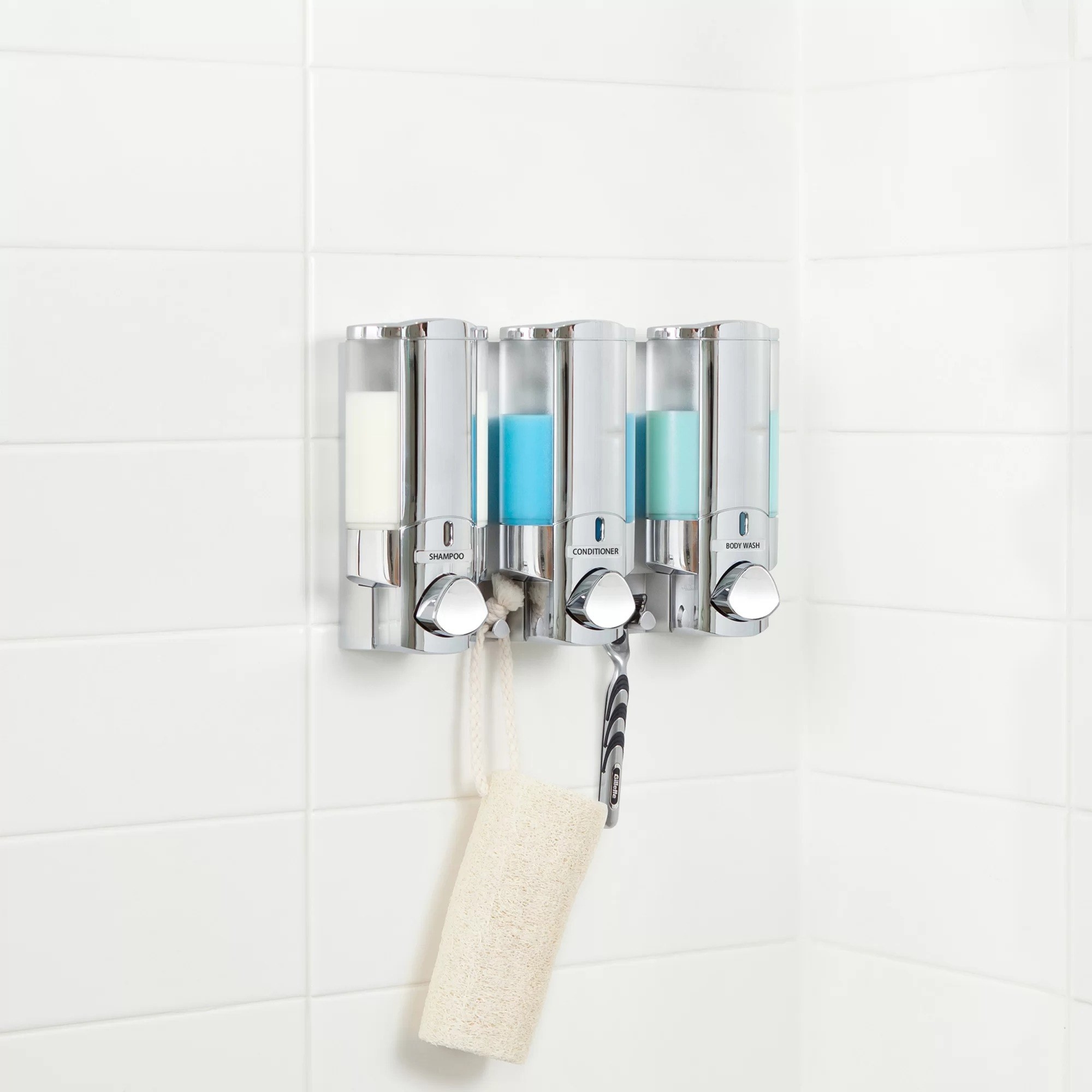 The soap dispenser with hooks mounted in a shower