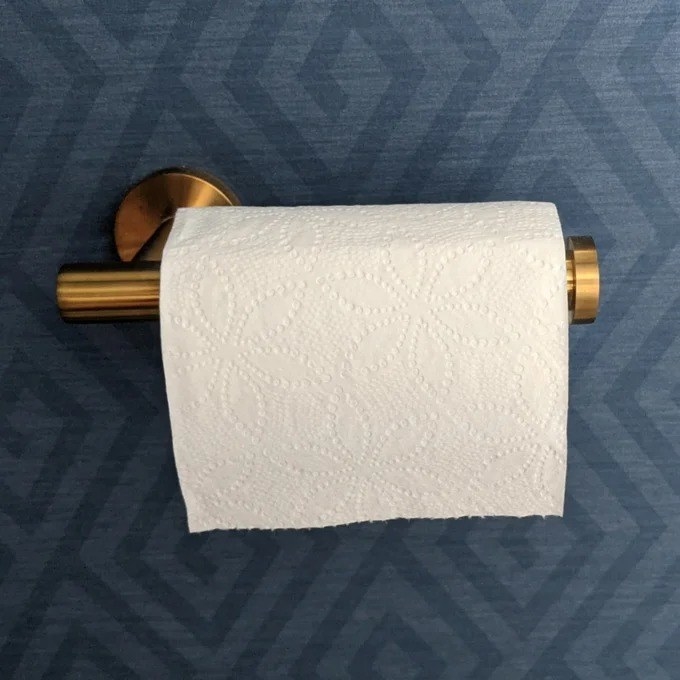 A reviewer photo of the toilet paper holder in gold