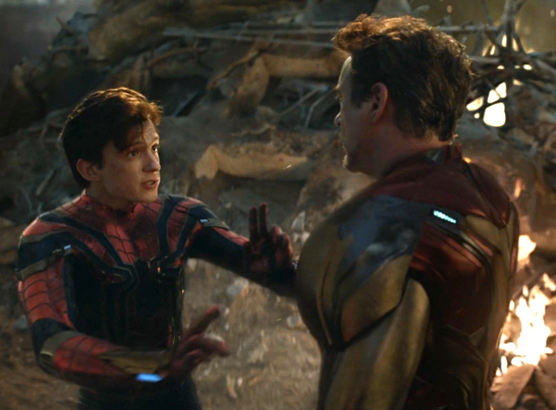 Tom Holland as Spider-Man with Robert Downey Jr. as Ironman