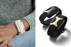 a model wearing the device on their wrist, and a photo of two of the devices on a plain background