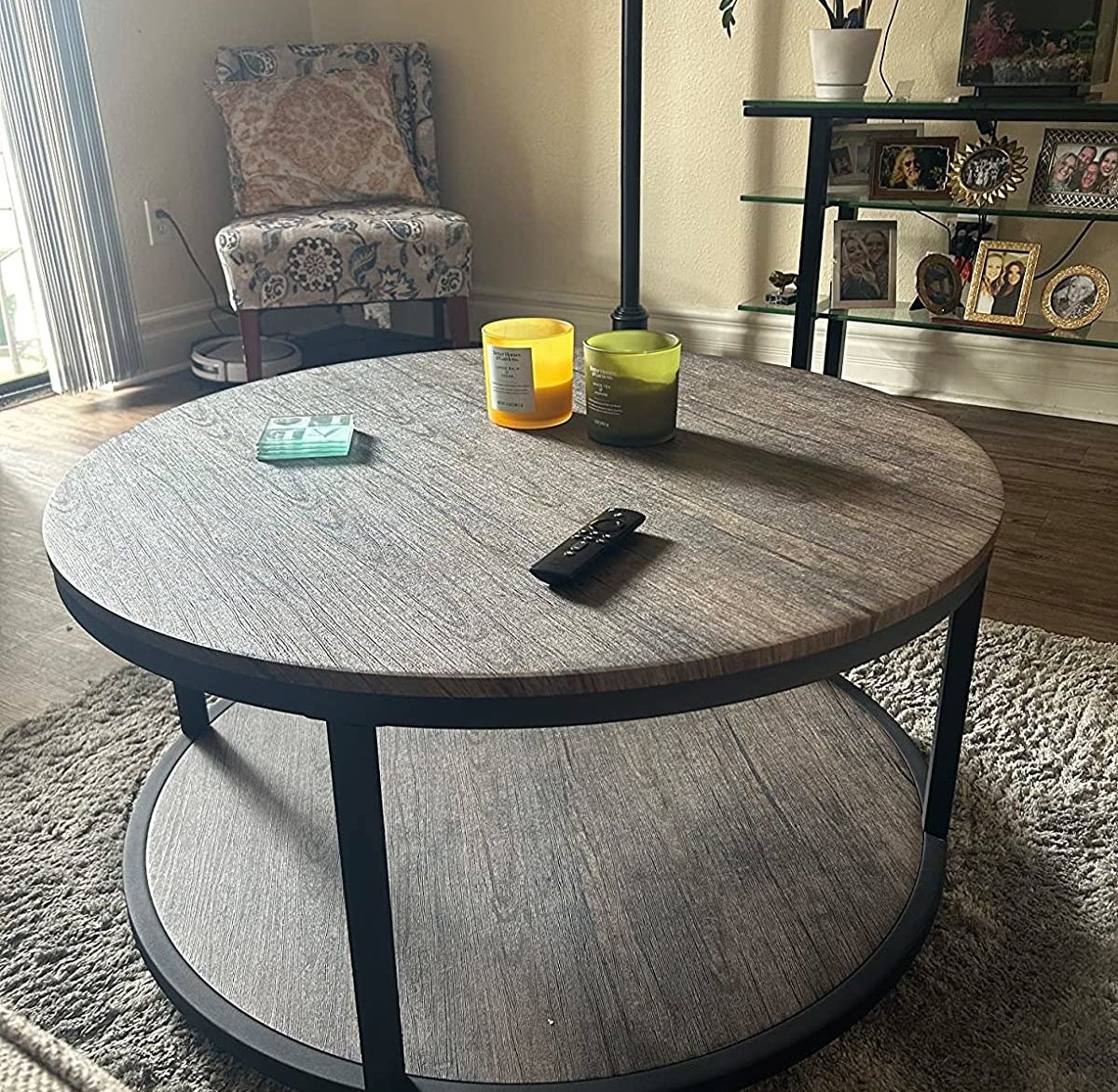 A reviewer&#x27;s photo of the round coffee table