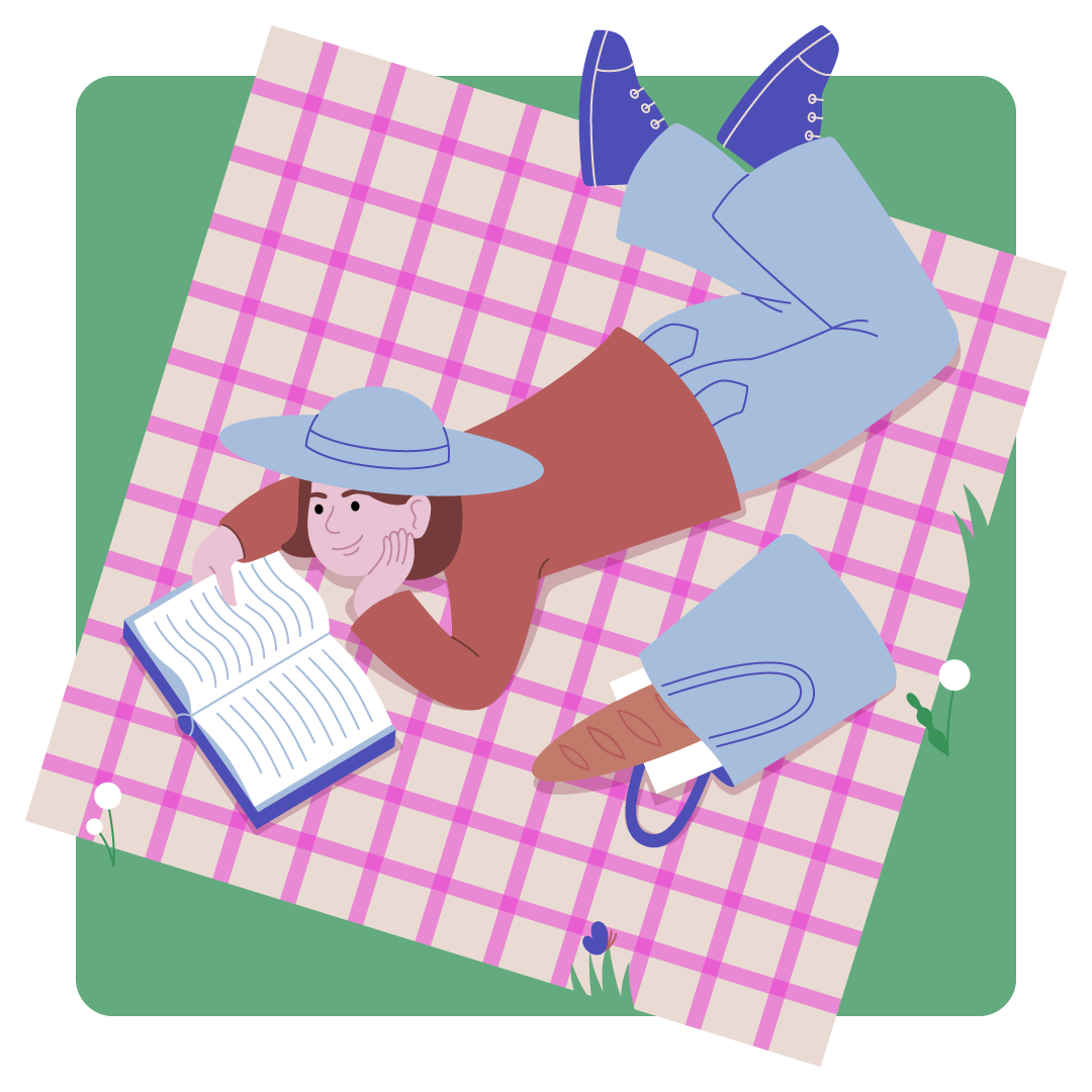 Cartoon of someone laying on a picnic blanket and reading a book