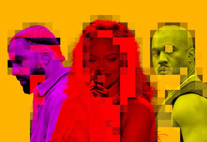 Digital illustration featuring Drake, Rihanna, and Kanye West