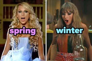 On the left, Taylor Swift in the Our Song music video labeled spring, and on the right, Taylor in the Anti-Hero music video labeled winter