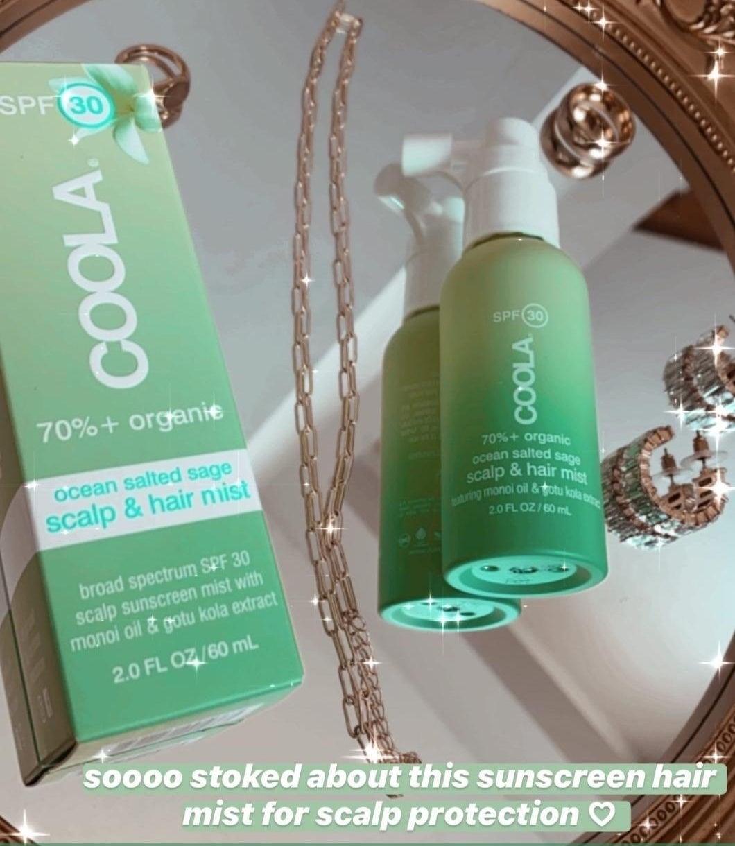 reviewer image of the hair mist on a tray with the caption &quot;soooo stoked about this sunscreen hair mist for scalp protection&quot;