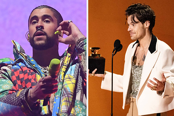 Bad Bunny adjusts his earpiece as he performs vs Harry Styles gives a speech holding a Grammy award
