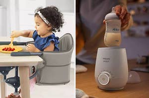on left: toddler sitting in portable gray high chair. on right: model picking up warmed baby bottle filled with milk from Philips bottle warmer