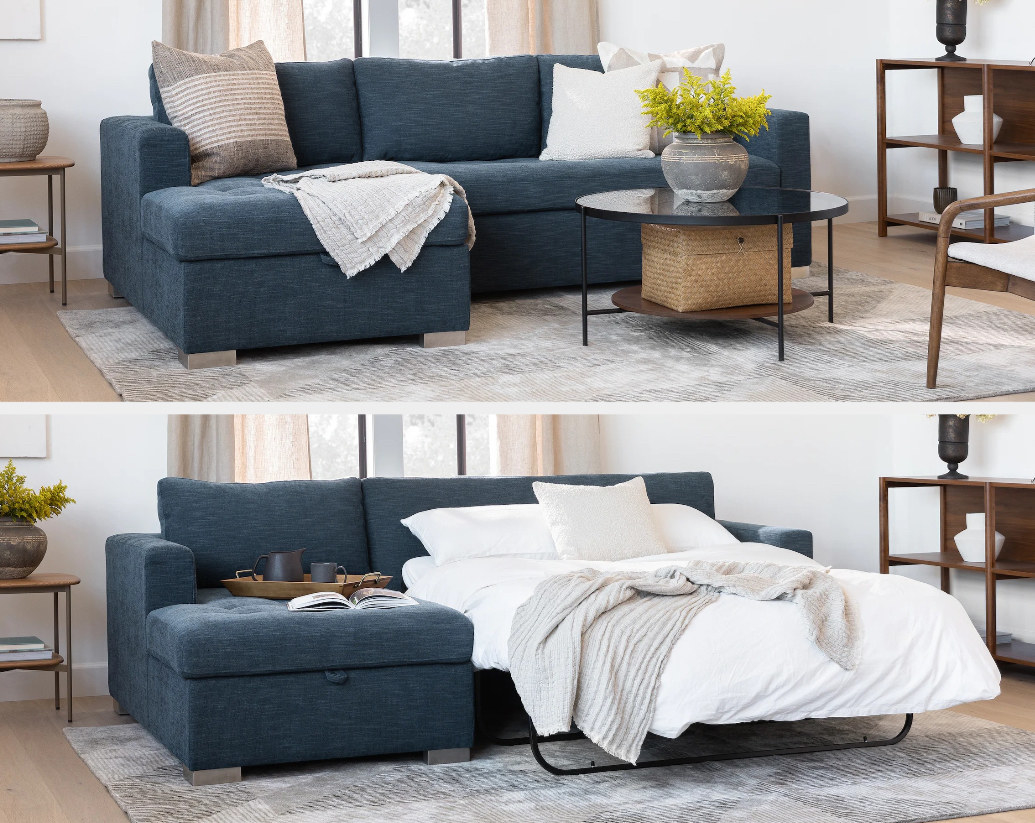The sectional is shown with and without the foldaway bed pulled out