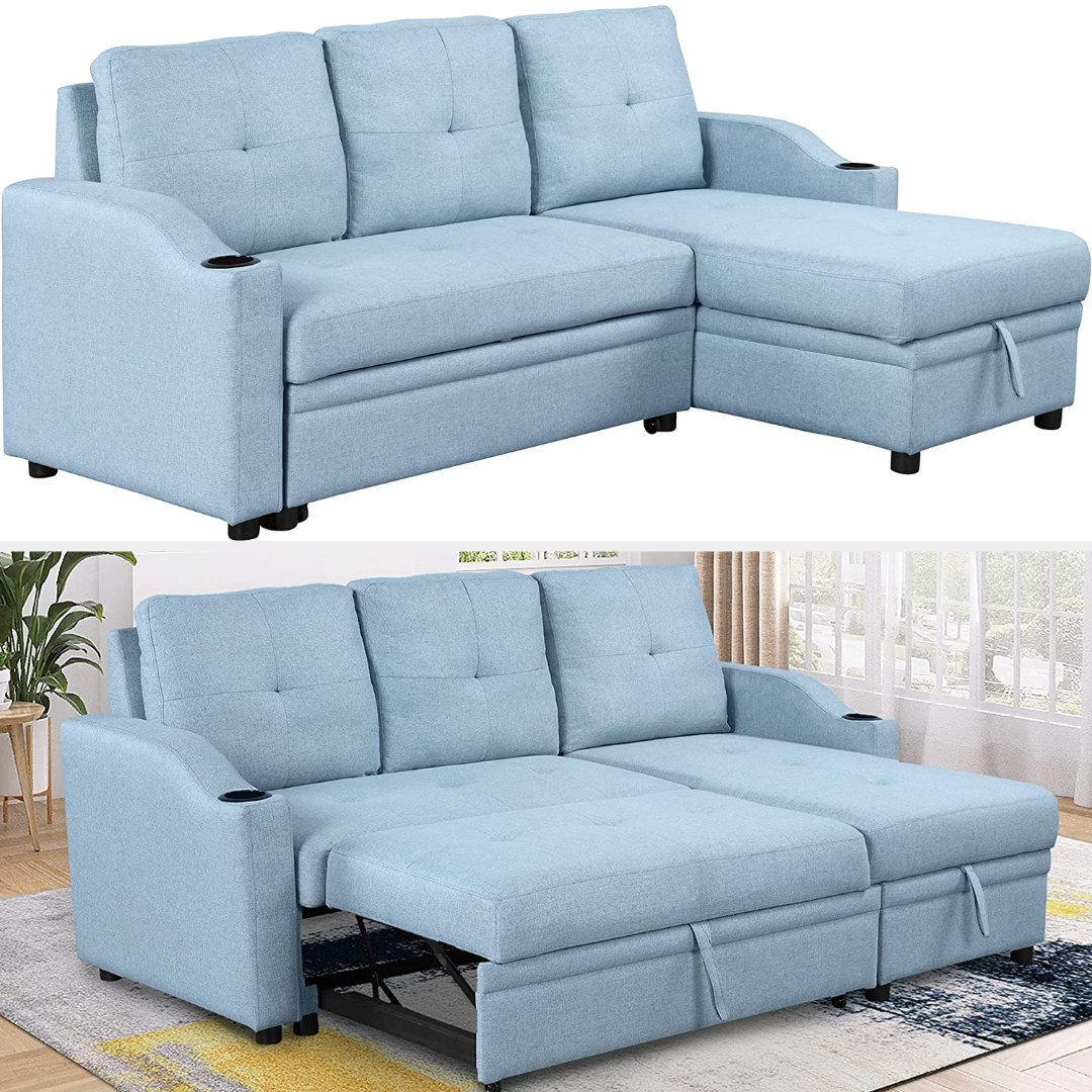The sleeper sectional is shown with and without the bed extension