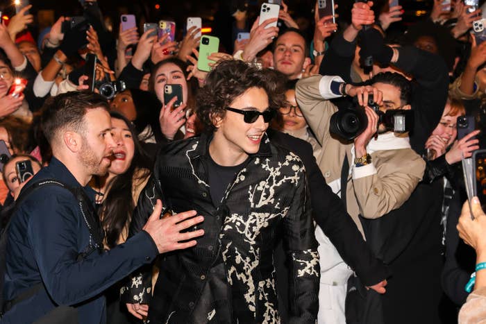 Timothée smiles as he walks by a crowd of paparazzi and fans
