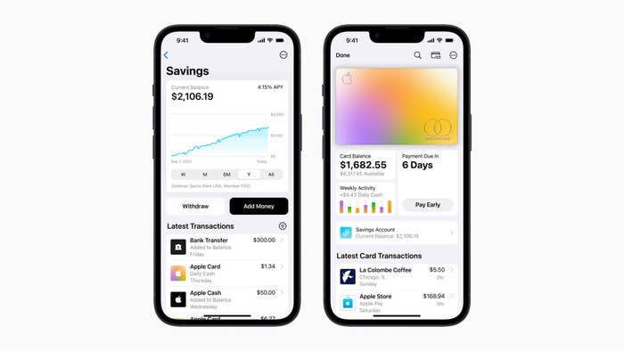 Two side-by-side iPhones show a profile of financial information, including a savings account and card balance