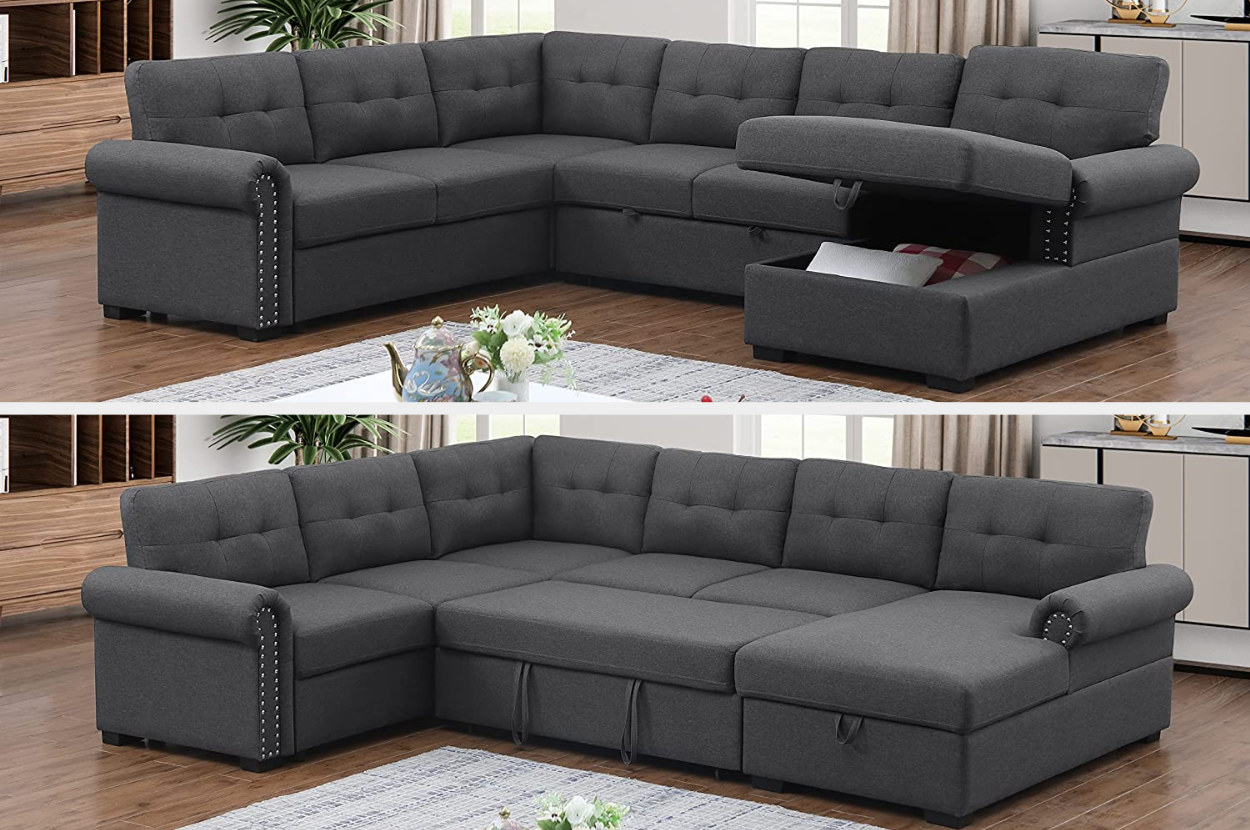 The sectional is shown with and without its bed pulled out