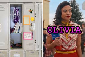 On the left, an open school locker, and on the right, Olivia from Grease Rise of the Pink Ladies