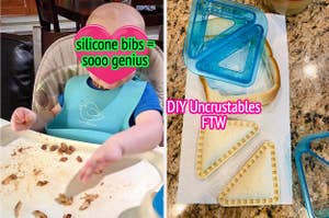 reviewer's baby wearing silicone big and reviewer's sandwich cutter with sandwich in background