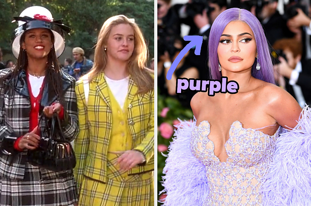 On the left, Dionne and Cher from Clueless, and on the right, Kylie Jenner with an arrow pointing to her hair and purple typed next to it