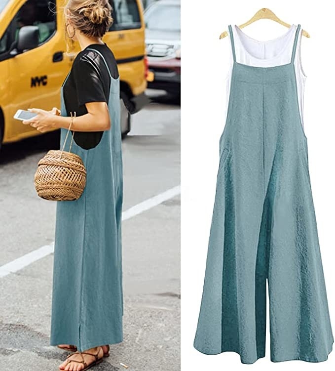 a split image of someone wearing it on the street and an image of the front of the romper with a plain background