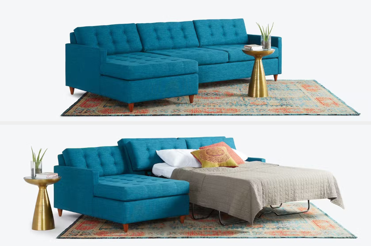 A blue chaise sectional is shown with and without its bed made
