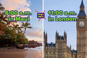 a picture of maui's palm trees next to london's big ben