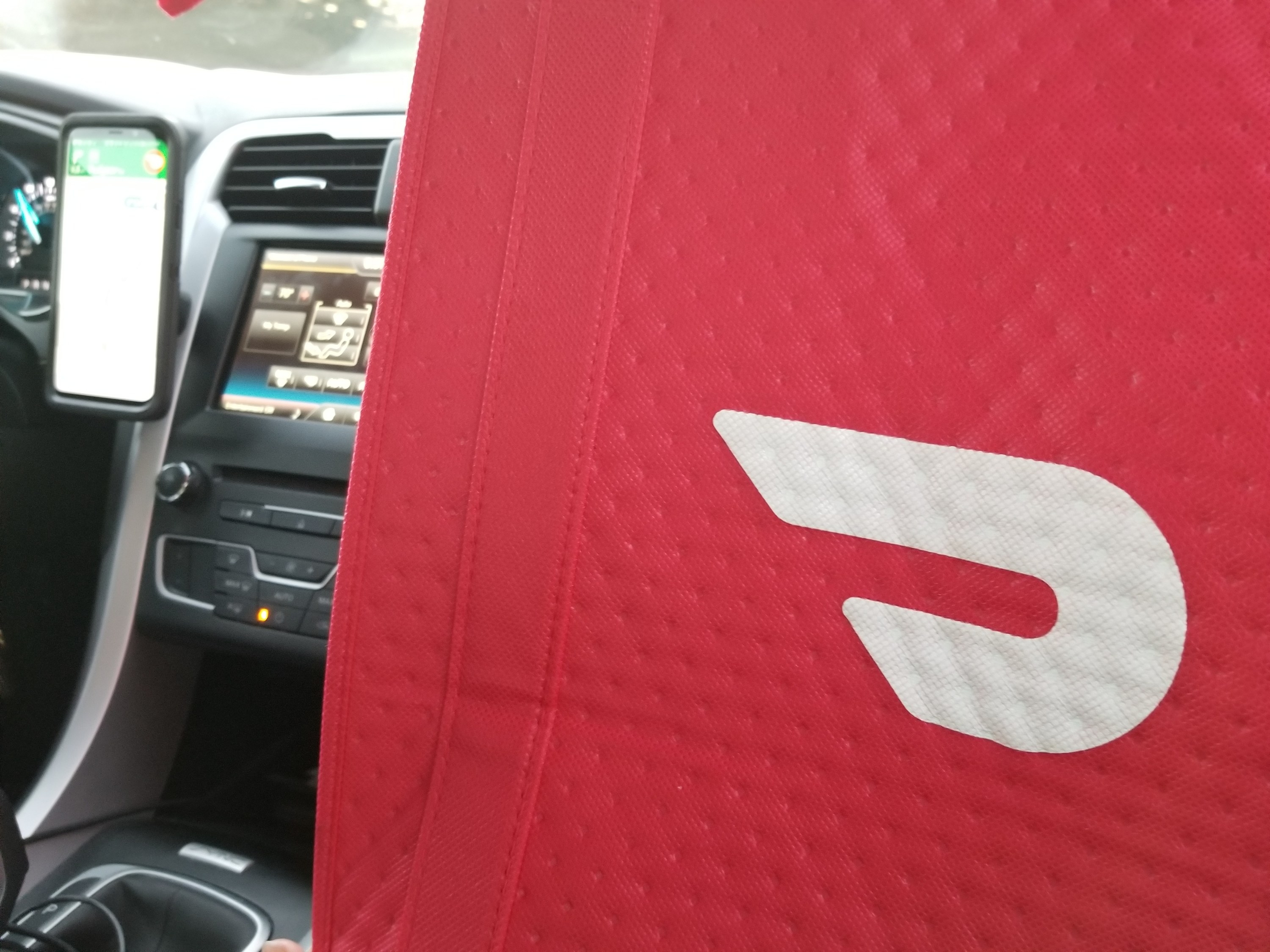 A DoorDash delivery bag is seen in the front seat of a car