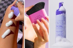 A person applying tanner, a person holding a brush, and bottle of tanner