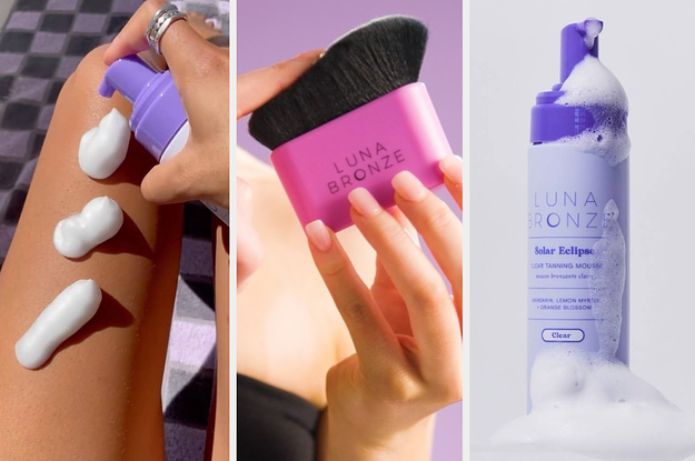 A person applying tanner, a person holding a brush, and bottle of tanner
