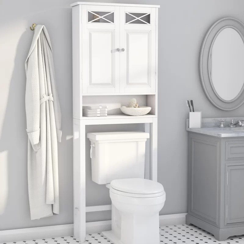 white over-the-toilet organizer with cabinet and shelves for towels, etc.