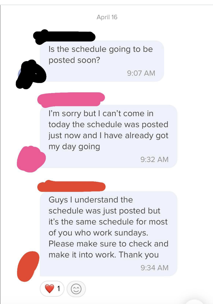 boss messaging the schedule same-day and asking everyone to be there