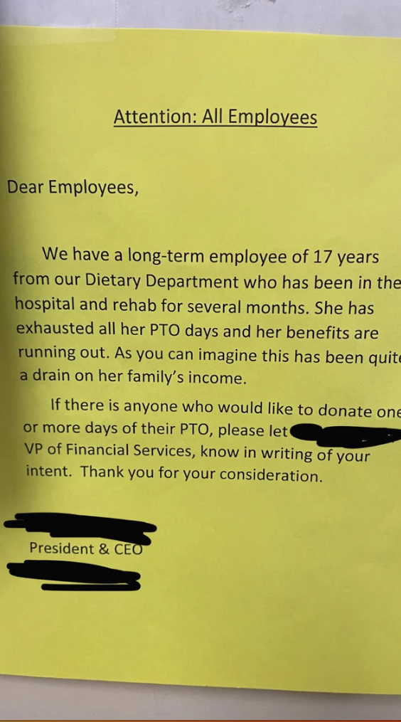 announcement left at work asking employees to donate their time off