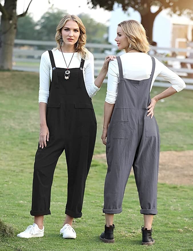 two people wearing the overalls showing the front and back