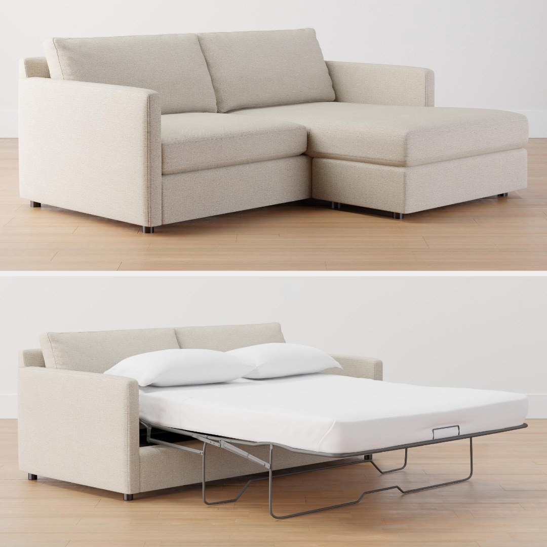 The sectional is shown with and without its pulled out mattress