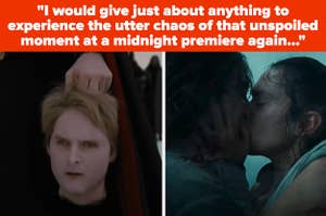 Twilight side by side with The Rise of Skywalker with text reading: "I would give just about anything to experience the utter chaos of that unspoiled moment at a midnight premiere again."