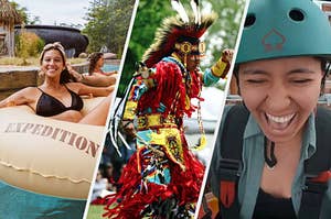 Three way split photo one with a woman in an inner tube on a lazy river, one of an Indigenous person dancing in a traditional outfit and another woman screaming in a helmet