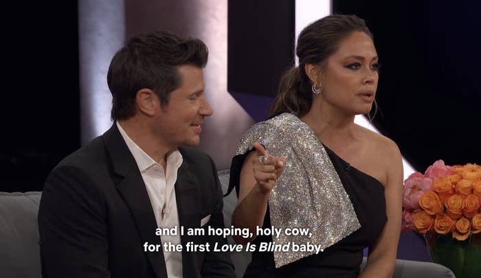 Nick and Vanessa Lachey with caption, &quot;And I am hoping, holy cow, for the first Love Is Blind baby&quot;