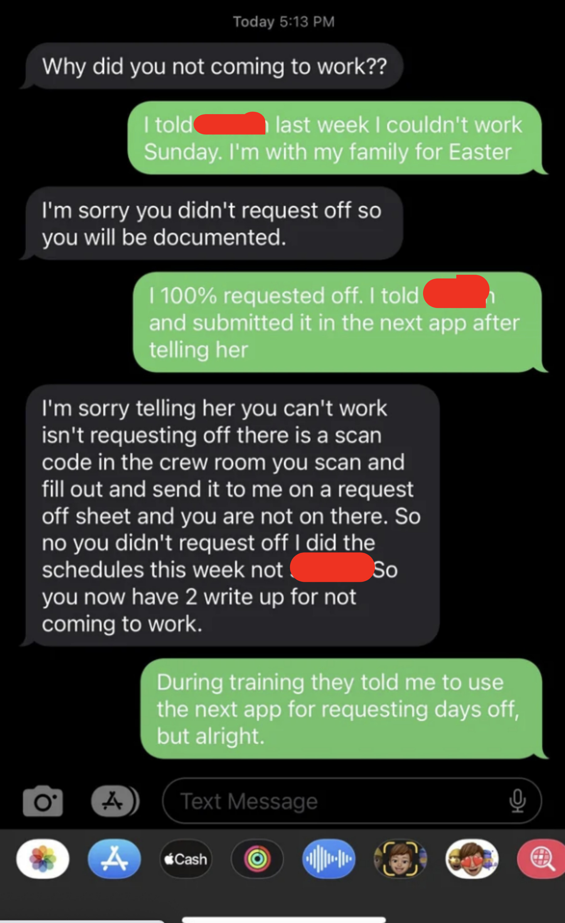 boss message that the procedure employee used to request time off wasn&#x27;t actually sufficient and they now have a write up