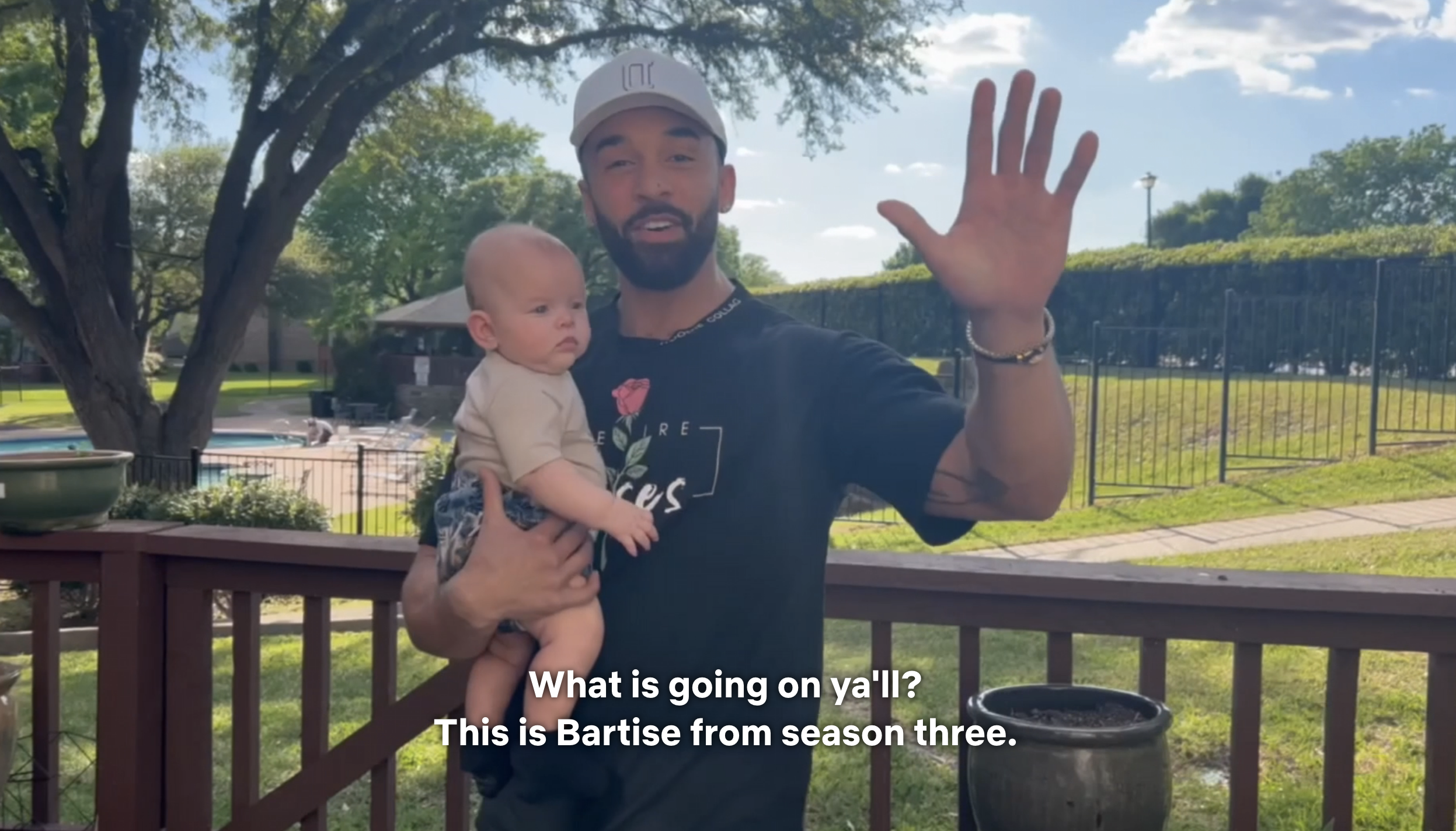 Bartise holding his baby with caption, &quot;What is going on, y&#x27;all? This is Bartise from Season 3&quot;