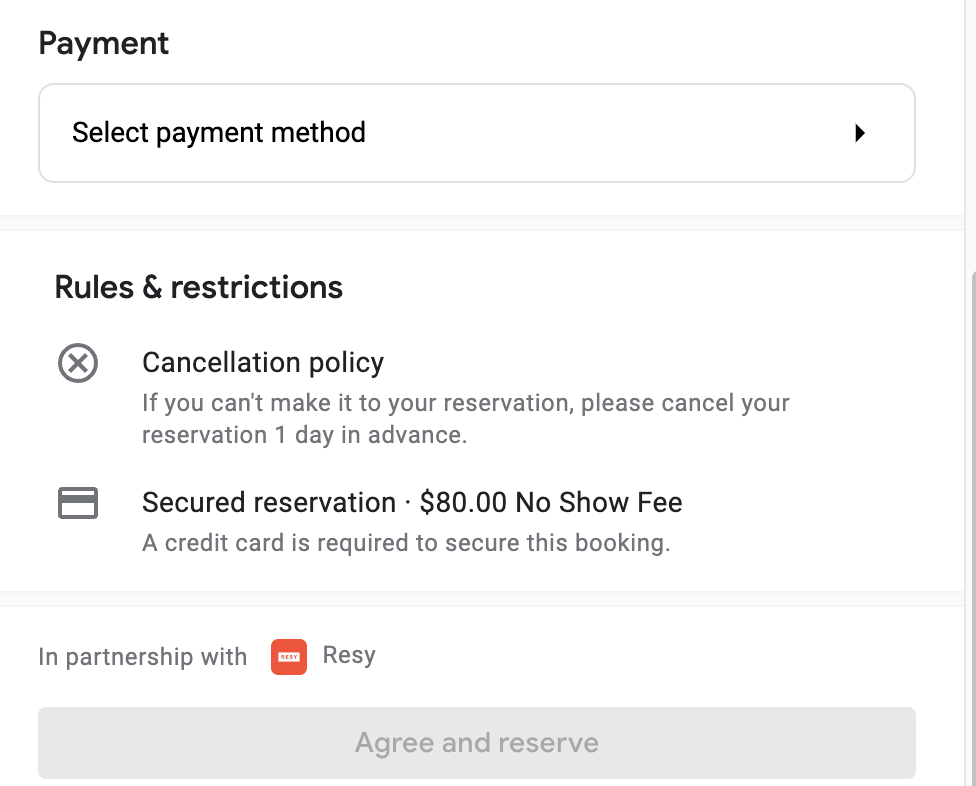 A screencap of the reservation fee on Resy
