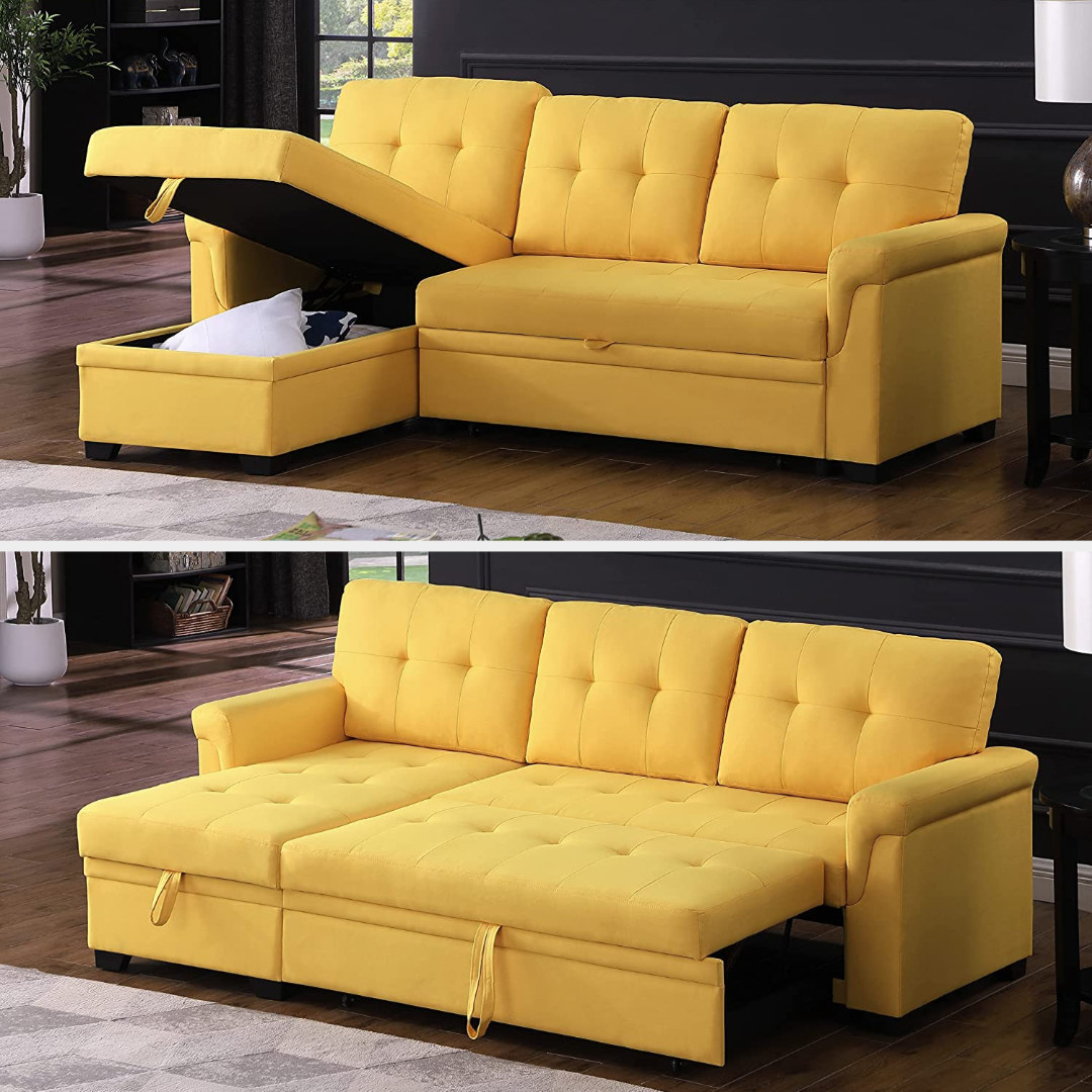 A yellow sectional is shown as a sofa and as a bed