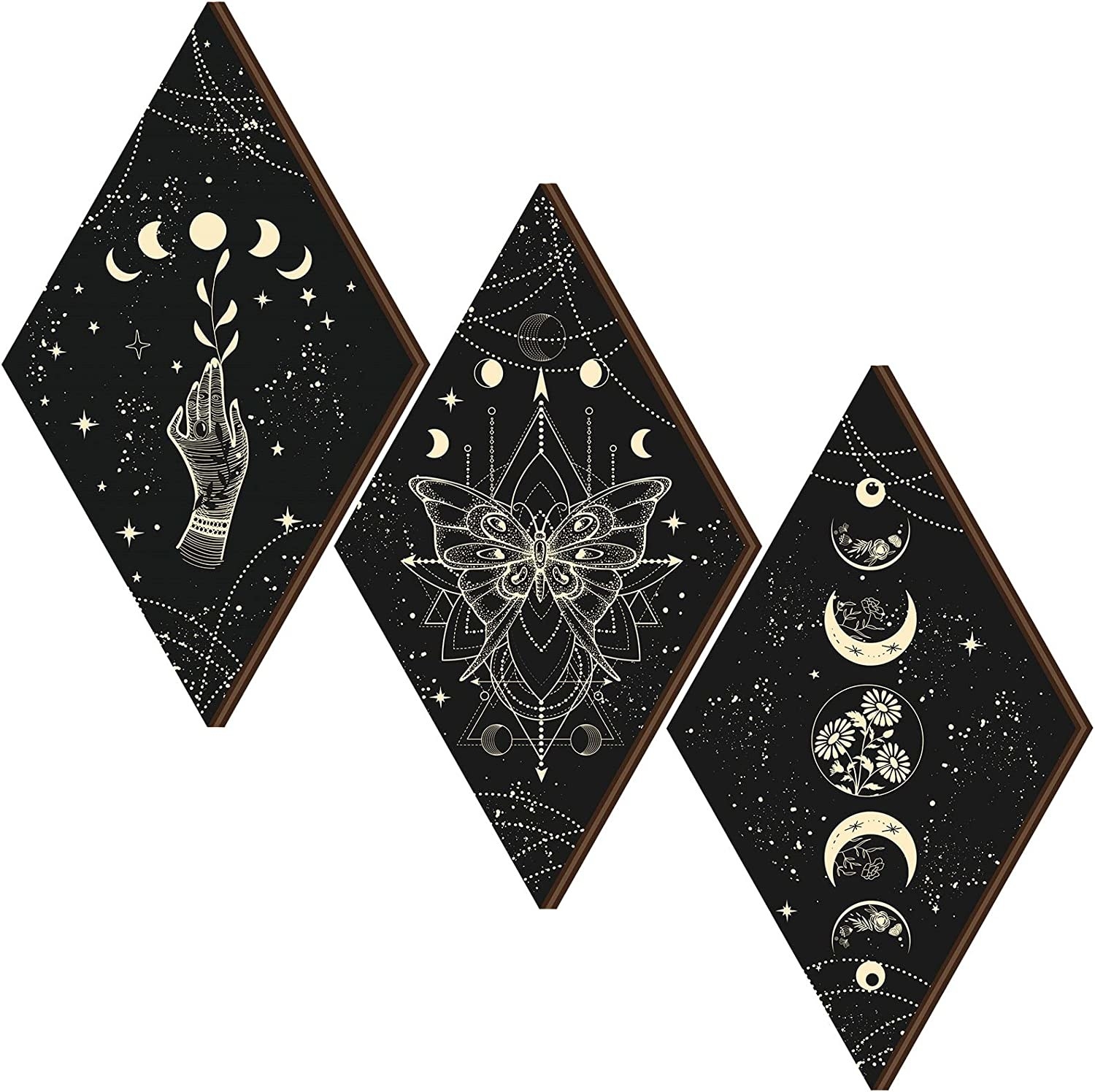 A set of three diamond-shaped pieces of wall art with celestrial and lunar themes