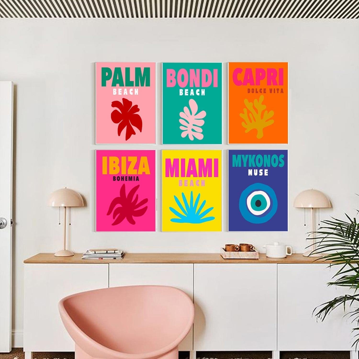 Travel posters for Palm Beach, Bondi Beach, Capri, Ibiza, Miami and Mykonos
