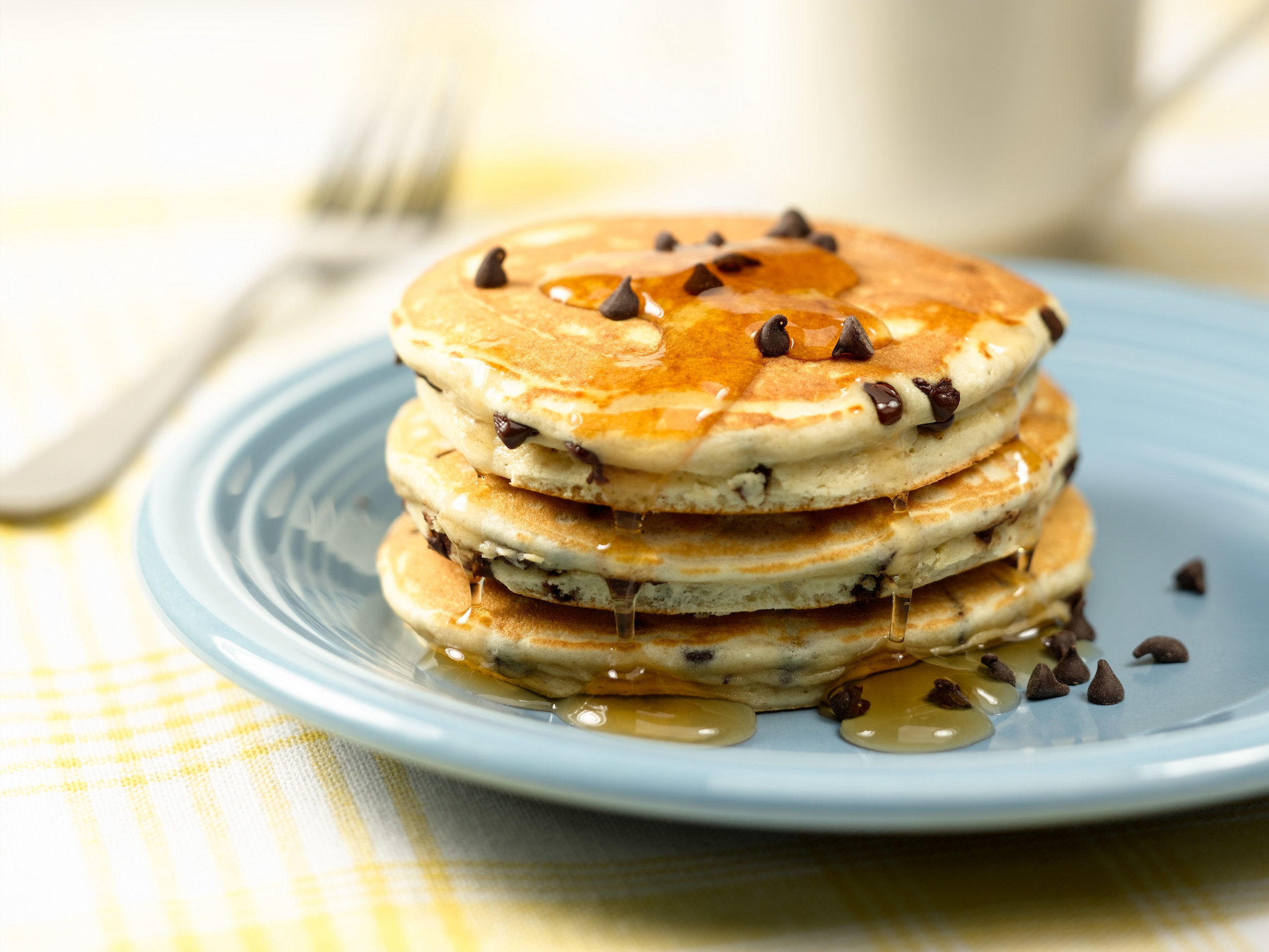 A stack of chocolate chip pancakes