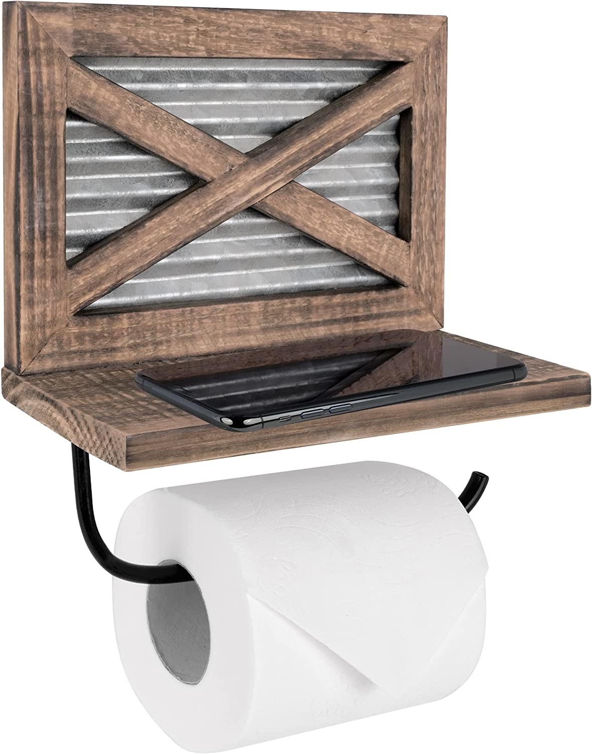 A wooden toilet paper holder with a shelf above the roll for placing a phone