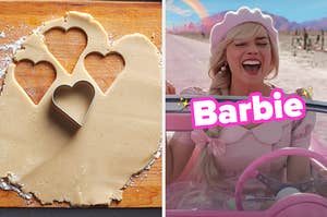 On the left, someone cutting out heart shaped sugar cookies, and on the right, Margot Robbie driving her car as Barbie
