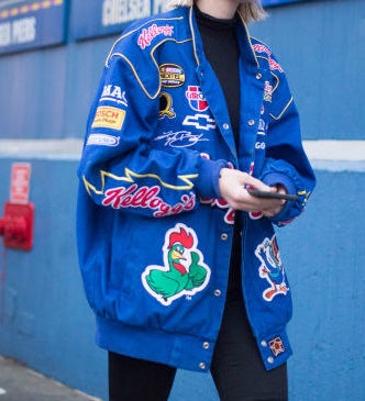 oversized jacket with a kellogg's patch