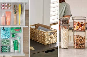 drawer organizer, cane baskets, glass storage containers