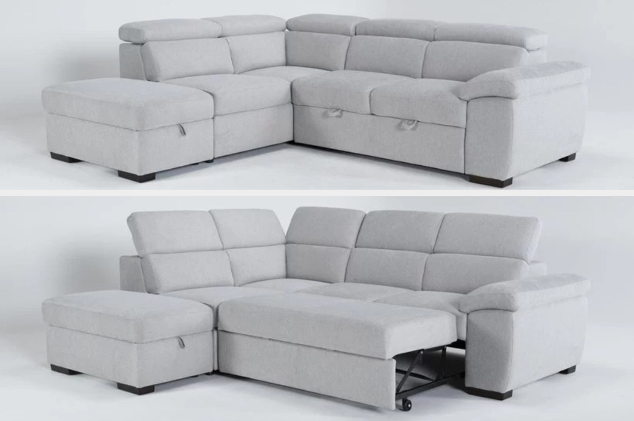 The light gray sectional is shown with and without its bed pulled out