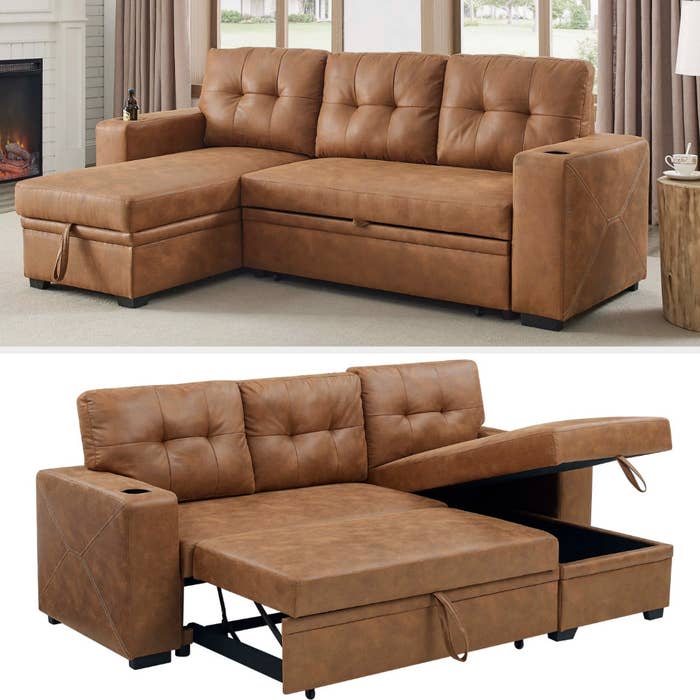 The faux leather sectional is shown in a room and then folded out to make a bed