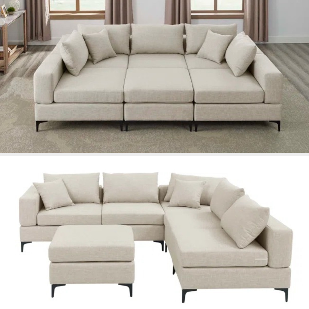 The beige sectional is shown in two different configurations